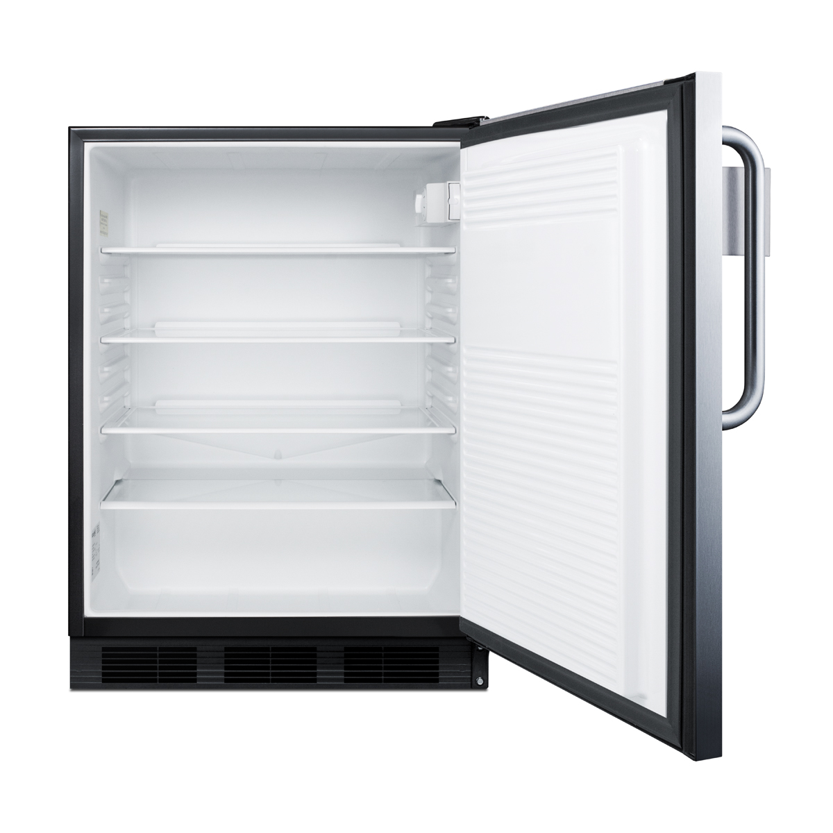 Commercially listed freestanding all-refrigerator for commercial use, auto defrost w/SS wrapped door, removable Speed Rail, towel bar handle, and black cabinet